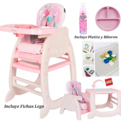 BABY HAPPY - Silla de Comer 3 en 1 Escritorio Platito Biberon y Lego Pink