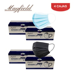 MAYFIELD - Mascarilla 3 capas caja*50 MAYFIELD.Pack 4 cajas MIX (Celeste/Negro)