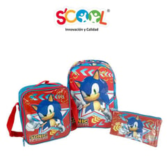 SCOOL - - Set mochila A4 lonchera y cartuchera Sonic