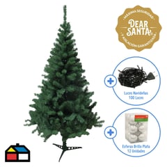 DEAR SANTA - Árbol Candiense 1.8m + Esferas Brillo Plata 12 Unidades 6cm + Luces Navideñas 100 Luces Multicolor