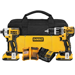 DEWALT - Taladro Percutor Inalámbrico 1/2" 20V + Atornillador de Impacto Inalámbrico 1/4" 20V + 2 Baterías 2.0Ah + Cargador 12/20V + Set de 18 Piezas + Bolso DCK287D2