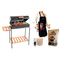 MR GRILL - Parrilla Cilíndrica 35x77x86 cm con Tapa Mediana + Carbón + BBQ x3 + Sal de maras