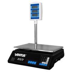 VENTUS - Balanza digital para un máximo de 40 Kg. Portátil. Cuenta con 7 memorias programables. Pantalla con visor en ambos lados. Fácil de usar. Funcionamiento con batería recargable. Bandeja de acero inoxidable. Graduación mínima de 5g. Indicador de nivel.