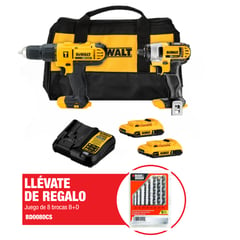 DEWALT - Taladro Percutor 1/2" 20V + Atornillador Impacto 1/4" 20V DCK222D2 + Set de Brocas BD0080CS