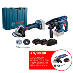 BOSCH - Amoladora Inalámbrica 18V GWS 180-LI + Rotomartillo Inalámbrico 18V GBH 180-LI Brushless + 2 Baterías + Maletín de Plástico