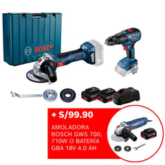 BOSCH - Amoladora Inalámbrica 18V GWS 180-LI + Taladro Percutor 18V GSB 18V-50 Brushless + 2 Baterías + Maletín de Plástico