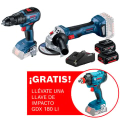 BOSCH - Amoladora inalámbrica 18V GWS 180-LI + Taladro Atornillador percutor Bosch GSB 18V-50 Brushless +2 baterías + Regalo: Llave de impacto inalámbrica 18 V Bosch GDX 180-LI