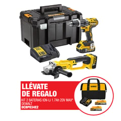 DEWALT - Taladro Percutor 1/2" 20 V Xr 70 Nm + Esmeril Angular 4 1/2" 20V + Cargador + Regalo: Kit 2 Bat 1.7AH 20V + 1 Carg + Maletin de lona